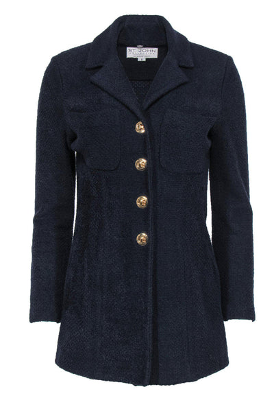 Current Boutique-St. John - Navy Knit Longline Jacket w/ Twist Buttons Sz 4