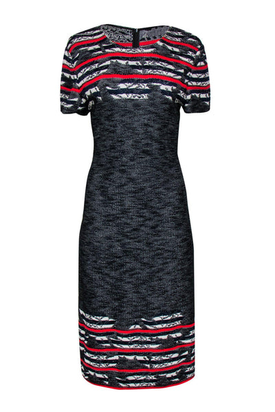 Current Boutique-St. John - Navy, Red & White Knit Midi Dress w/ Abstract Striped Trim Sz 12