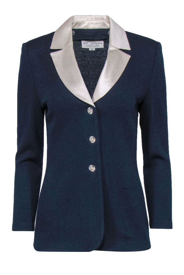 Current Boutique-St. John - Navy Sequined Blazer w/ Removable White Collar & Rhinestones Sz 2