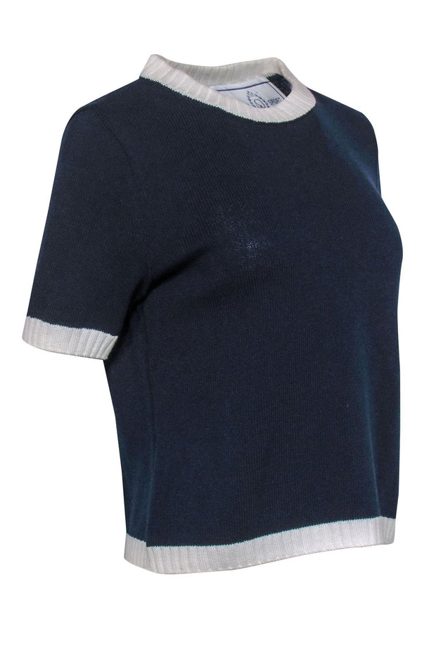 Current Boutique-St. John - Navy & White Short Sleeve Crewneck Sweater w/ Embroidered Logo Patch Sz S