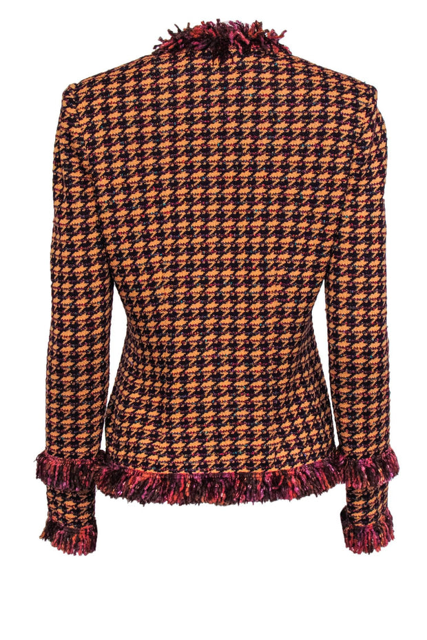 Current Boutique-St. John - Orange, Burgundy & Maroon Houndstooth w/ Fringe Jacket Sz 6