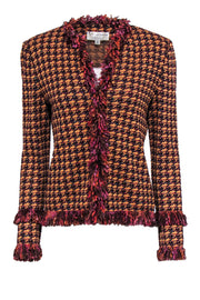 Current Boutique-St. John - Orange, Burgundy & Maroon Houndstooth w/ Fringe Jacket Sz 6