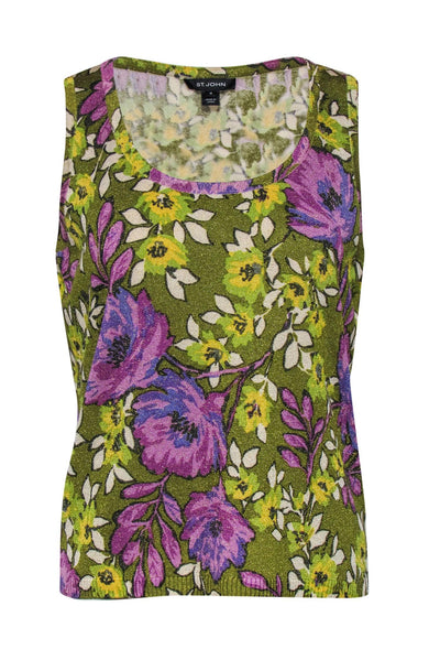 Current Boutique-St. John - Purple & Green Glitter Floral Knit Tank Top Sz M