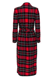 Current Boutique-St. John - Red, Black & White Plaid Button-Up Belted Knit Longline Jacket Sz 8