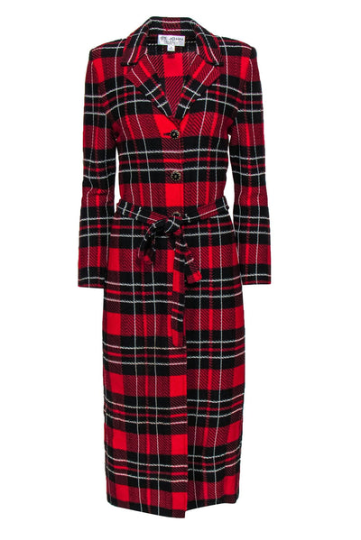 Current Boutique-St. John - Red, Black & White Plaid Button-Up Belted Knit Longline Jacket Sz 8