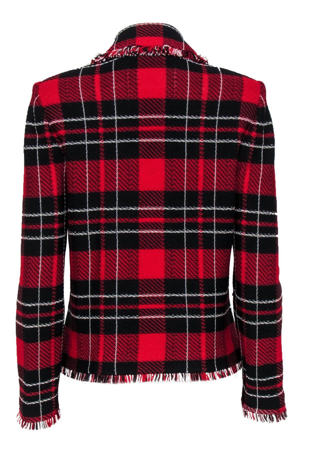 Current Boutique-St. John - Red, Black & White Plaid Fringed Button-Up Knit Jacket Sz 8