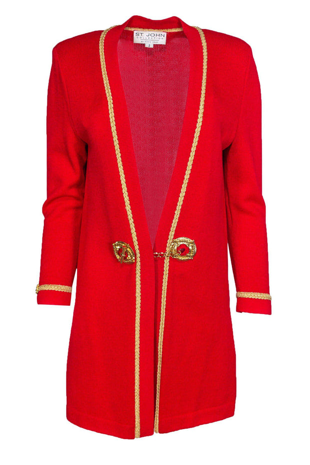 Current Boutique-St. John - Red Cardigan w/ Gold Trim Sz 2