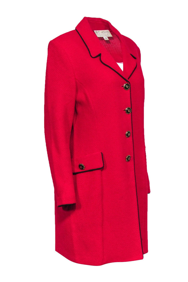 Current Boutique-St. John - Red Knit Longline Coat w/ Black Piping Sz 12