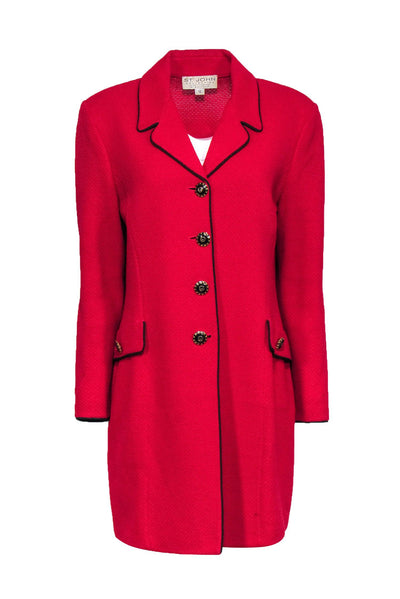 Current Boutique-St. John - Red Knit Longline Coat w/ Black Piping Sz 12