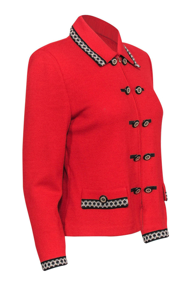 Current Boutique-St. John - Red Knit Zip-Up Jacket w/ Enamel Buttons & Embroidered Trim Sz 4