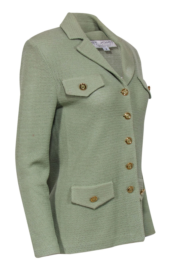 Current Boutique-St. John - Sage Green Woven Knit Golden-Button Jacket Sz 4