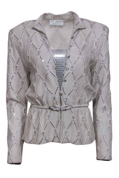 Current Boutique-St. John - Silver Jeweled Button-Up Knit Jacket w/ Metallic Panel Sz 8