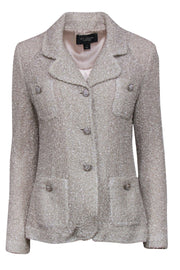 Current Boutique-St. John - Silver Tinsel Knit Notch Lapel Jacket w/ Rhinestone Buttons Sz 8