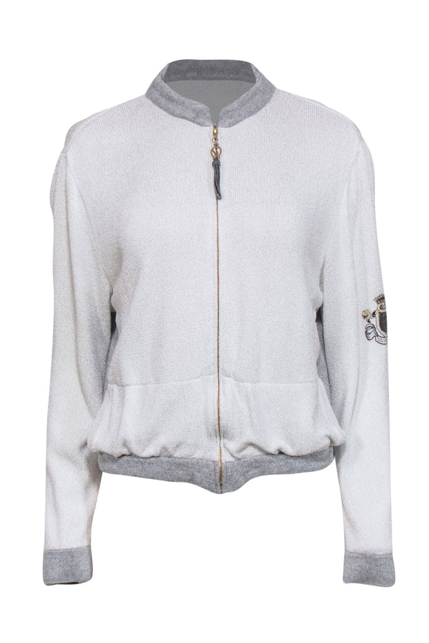 Current Boutique-St. John Sport - Light Grey Sparkly Knit Zip-Up Jacket w/ Embroidered Patch Sz L