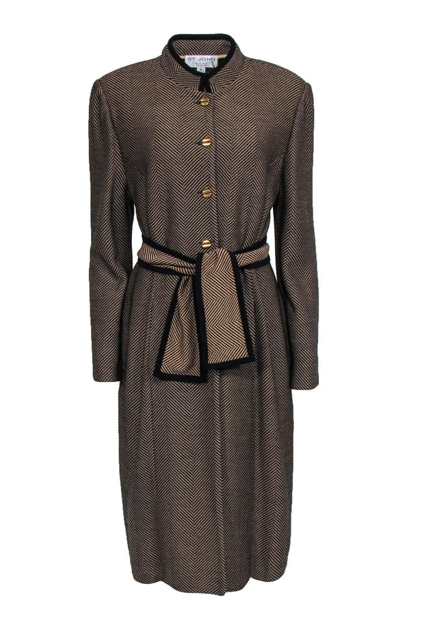 Current Boutique-St. John - Tan & Black Herringbone Longline Knit Coat w/ Tie Belt Sz 16