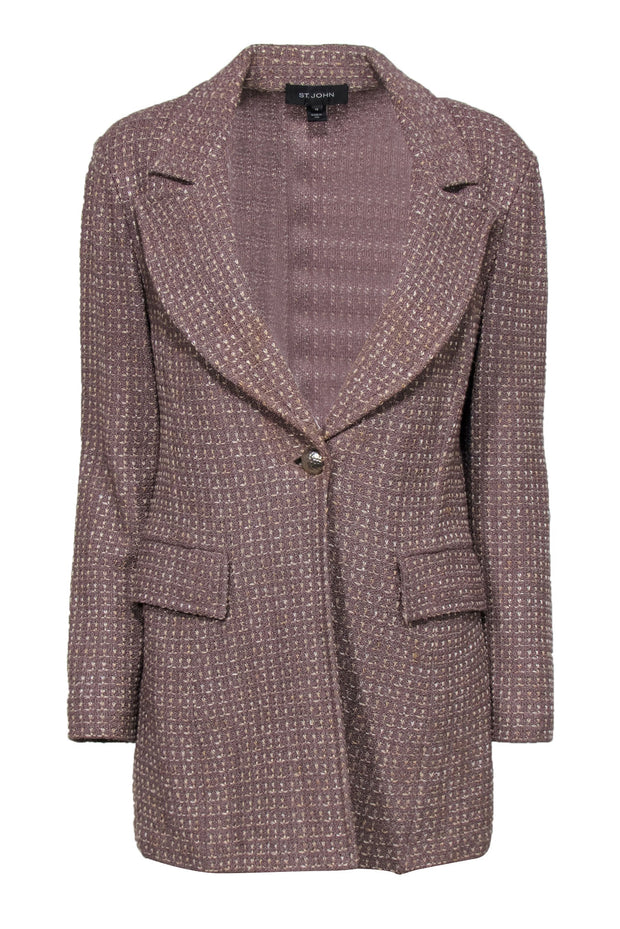 Current Boutique-St. John - Taupe & Tan Woven Knit Longline Jacket Sz 10