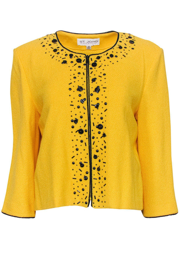 Current Boutique-St. John - Yellow Knit Zip-Up Jacket w/ Buttons & Sequins Sz 12