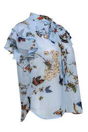 Current Boutique-Steffen Schraut - Light Blue Butterfly & Floral Print Ruffle Blouse w/ Neck Tie Sz 8