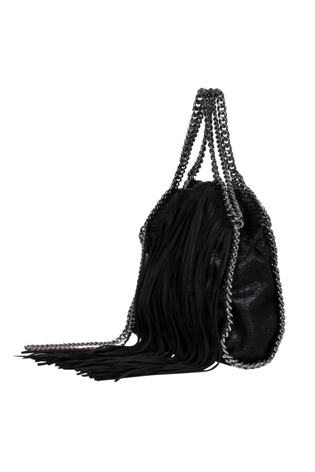 Current Boutique-Stella McCartney - Black Shiny Suede Chain Falabella Crossbody w/ Fringe