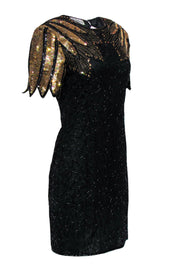 Current Boutique-Stenay - Vintage Black Beaded Silk Shift Dress w/ Gold Sequin Design Sz 10P