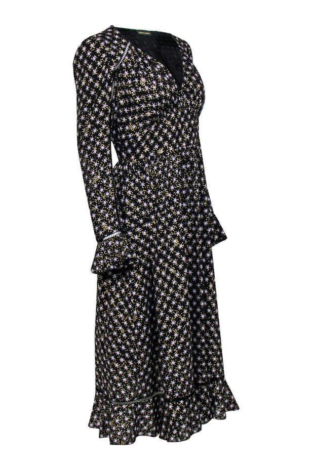 Current Boutique-Stine Goya - Black & Star Print Long Sleeve Maxi Dress w/ Flounce Sz S