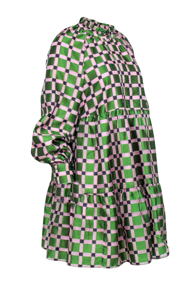 Current Boutique-Stine Goya - Pink & Green Checkered Print PuffSleeve Dress Sz XS