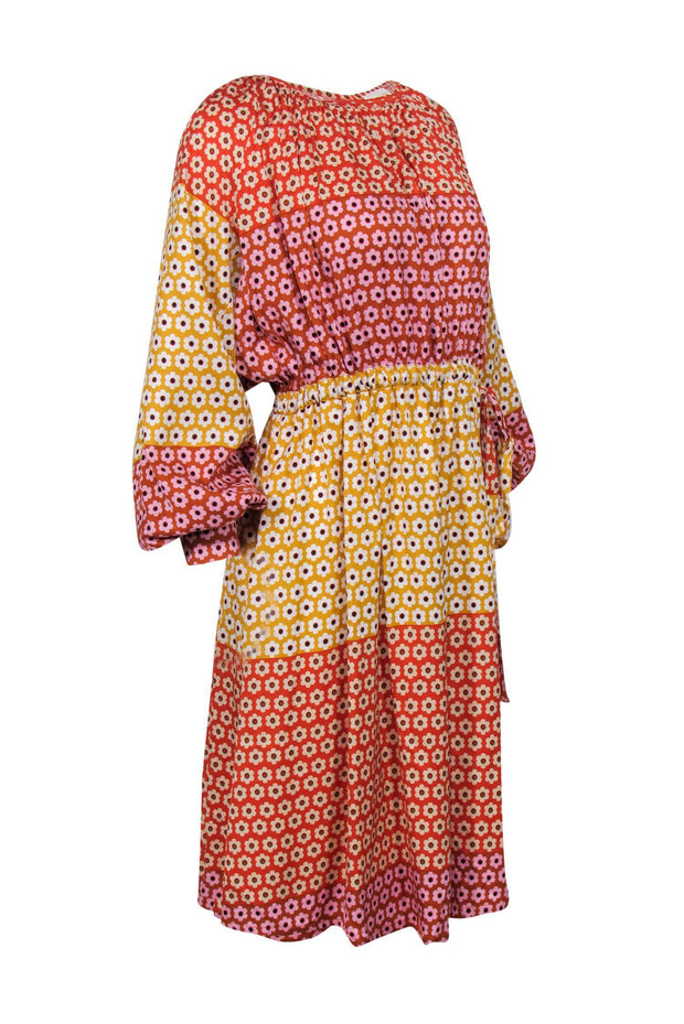 Current Boutique-Stine Goya - Yellow, Red & Pink Colorblocked Floral Print Long Sleeve Midi Dress Sz XS