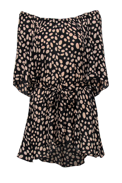 Current Boutique-Stone Cold Fox - Black & Tan Flounce Sleeve Polka Dot Dress Sz M/L