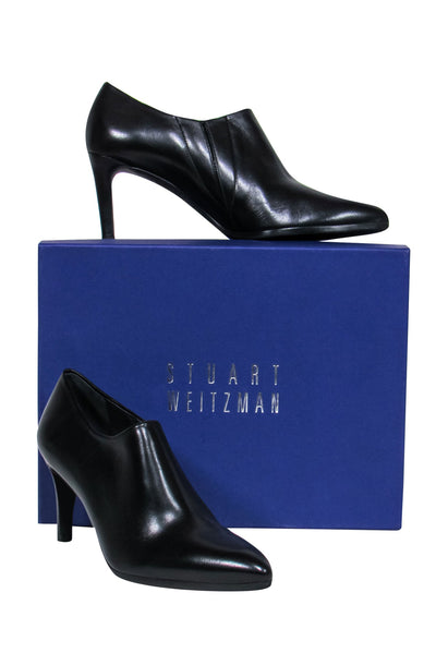 Current Boutique-Stuart Weitzman - Black Leather Heel Pointed Toe "Napa" Booties Sz 9.5