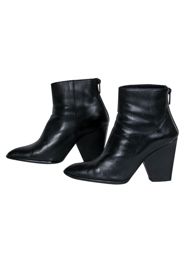 Current Boutique-Stuart Weitzman - Black Leather Pointed Toe Chunky Heel Booties Sz 7.5