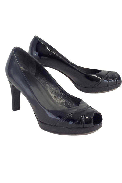 Current Boutique-Stuart Weitzman - Black Patent Woven Peep Toe Heels Sz 6