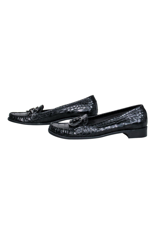 Current Boutique-Stuart Weitzman - Black Reptile Textured Loafers w/ Horsebit Buckle Sz 8.5