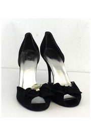 Current Boutique-Stuart Weitzman - Black Satin Jeweled Peep Toe Heels Sz 10