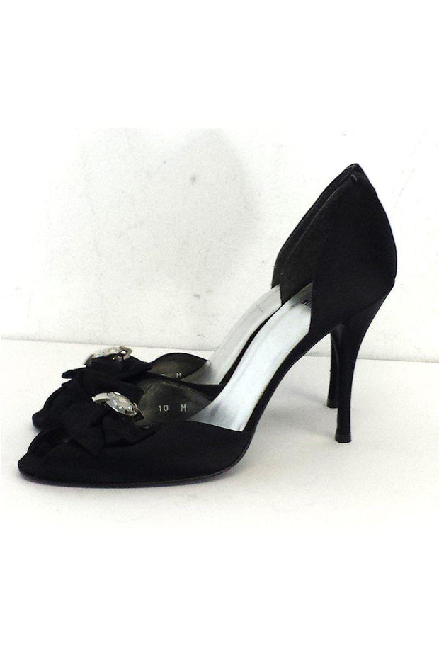 Current Boutique-Stuart Weitzman - Black Satin Jeweled Peep Toe Heels Sz 10