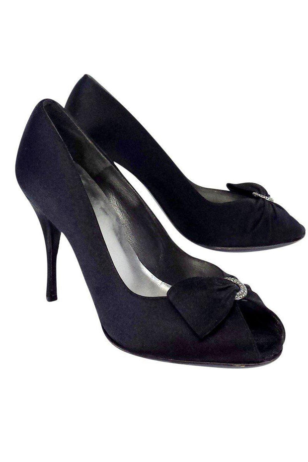 Current Boutique-Stuart Weitzman - Black Satin Peep Toe Pumps Sz 8