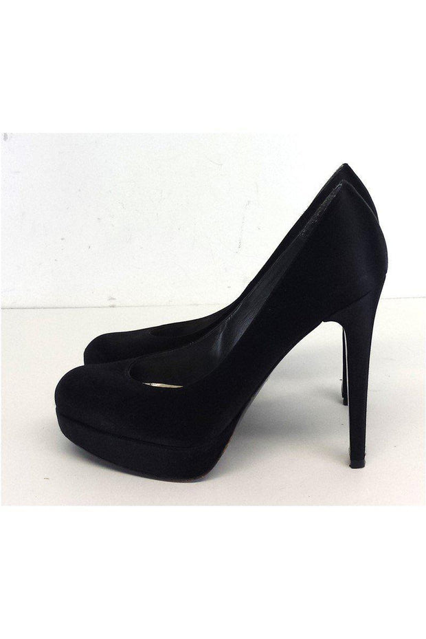 Current Boutique-Stuart Weitzman - Black Satin Round Toe Platform Pumps Sz 9.5