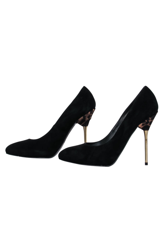 Current Boutique-Stuart Weitzman - Black Suede Pumps w/ Leopard Print Calf Hair Heel Sz 6.5