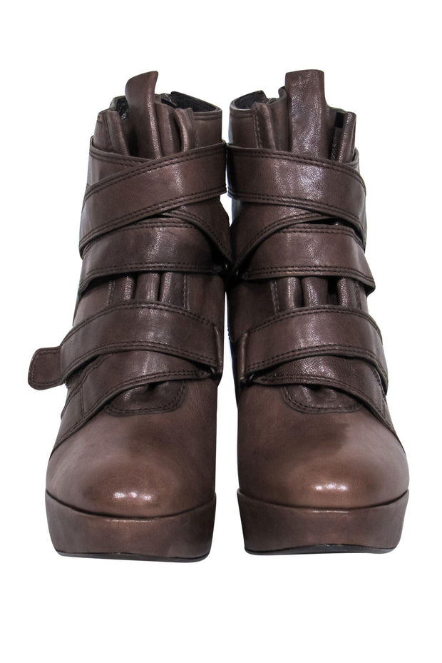 Current Boutique-Stuart Weitzman - Brown Leather Velcro Platform Ankle Booties Sz 8.5