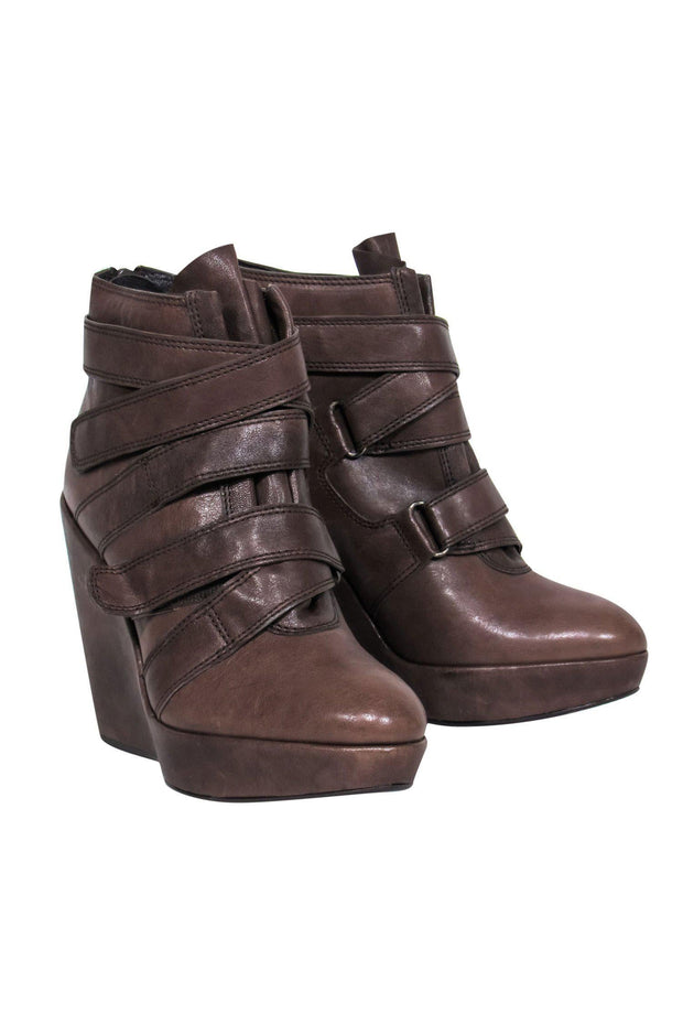 Current Boutique-Stuart Weitzman - Brown Leather Velcro Platform Ankle Booties Sz 8.5