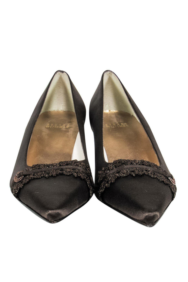 Current Boutique-Stuart Weitzman - Brown Pointed Toe Satin Kitten Heels w/ Metallic Applique Sz 9.5