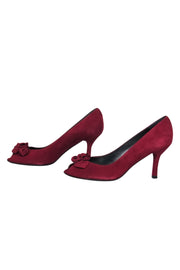 Current Boutique-Stuart Weitzman - Burgundy Suede Peep Toe Pumps w/ Knotted Rose Design Sz 9