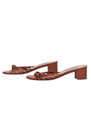 Current Boutique-Stuart Weitzman - Cognac Leather Low Block Heel Sandals w/ Strappy Knot Sz 8