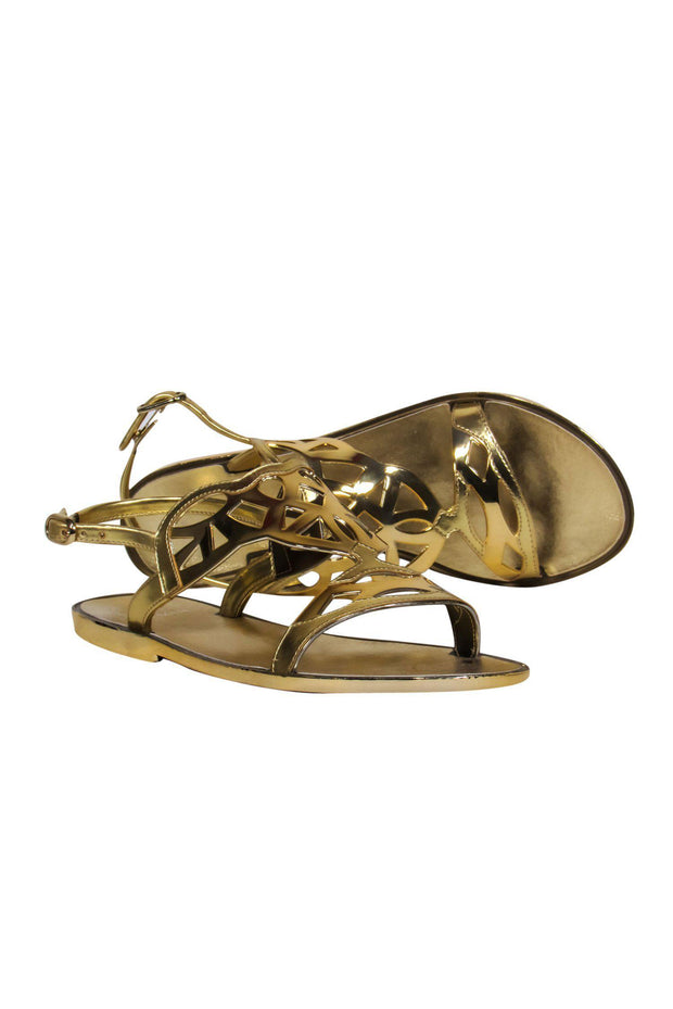 Current Boutique-Stuart Weitzman - Patent Leather Gold Cutout Sandals Sz 7