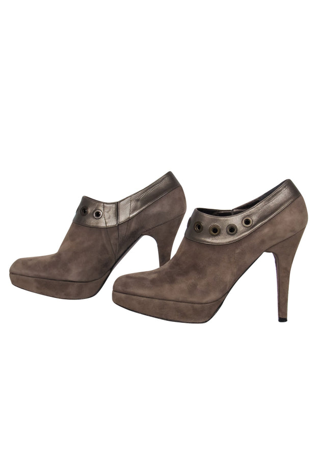 Current Boutique-Stuart Weitzman - Taupe Suede Heeled Platform Booties w/ Leather & Grommet Trim Sz 5.5