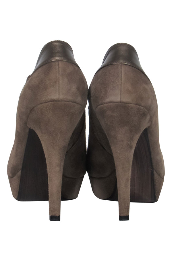 Current Boutique-Stuart Weitzman - Taupe Suede Heeled Platform Booties w/ Leather & Grommet Trim Sz 5.5