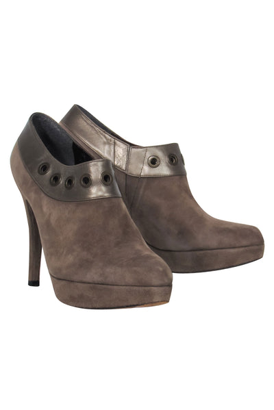 Current Boutique-Stuart Weitzman - Taupe Suede Heeled Platform Booties w/ Leather & Grommet Trim Sz 5.5