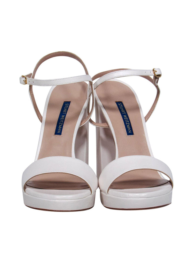 Current Boutique-Stuart Weitzman - White Leather Strappy Block Heel "Sunray" Pumps Sz 9.5