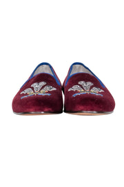 Current Boutique-Stubbs & Wootton - Maroon Velvet Loafers w/ Prince of Wales Embroidered Design Sz 8.5