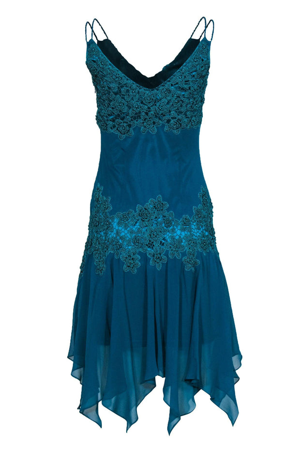 Current Boutique-Sue Wong - Aqua Green Silk Rope Embroidered & Beaded Cocktail Dress Sz 6