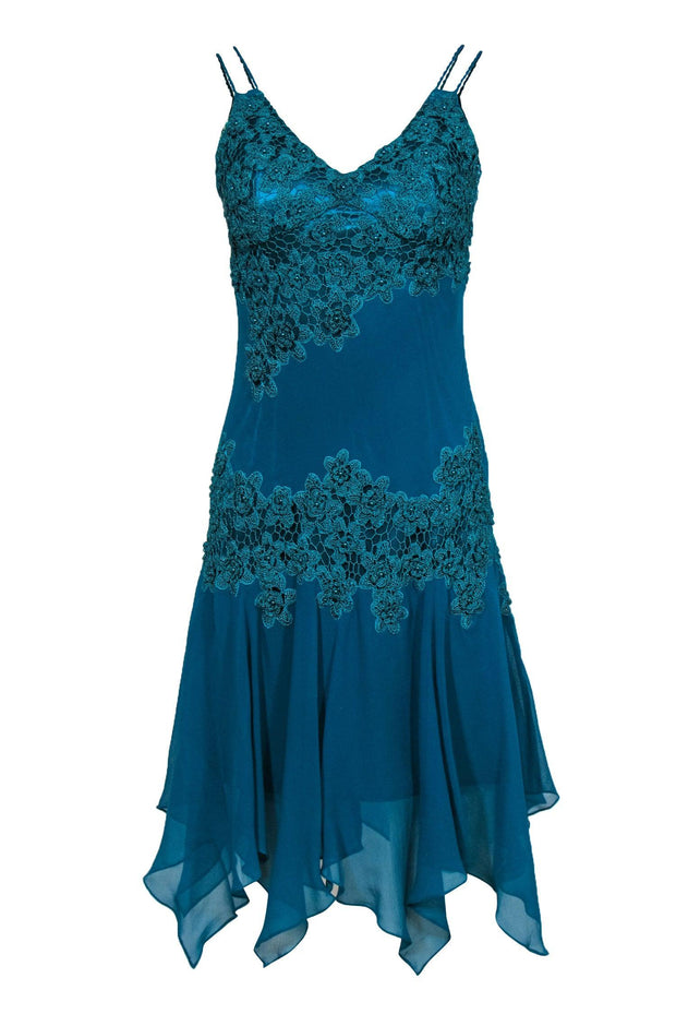 Current Boutique-Sue Wong - Aqua Green Silk Rope Embroidered & Beaded Cocktail Dress Sz 6